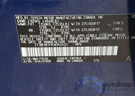 2015 Toyota Rav4 Le from USA, damaged, VIN 2T3BFREV1FW342433